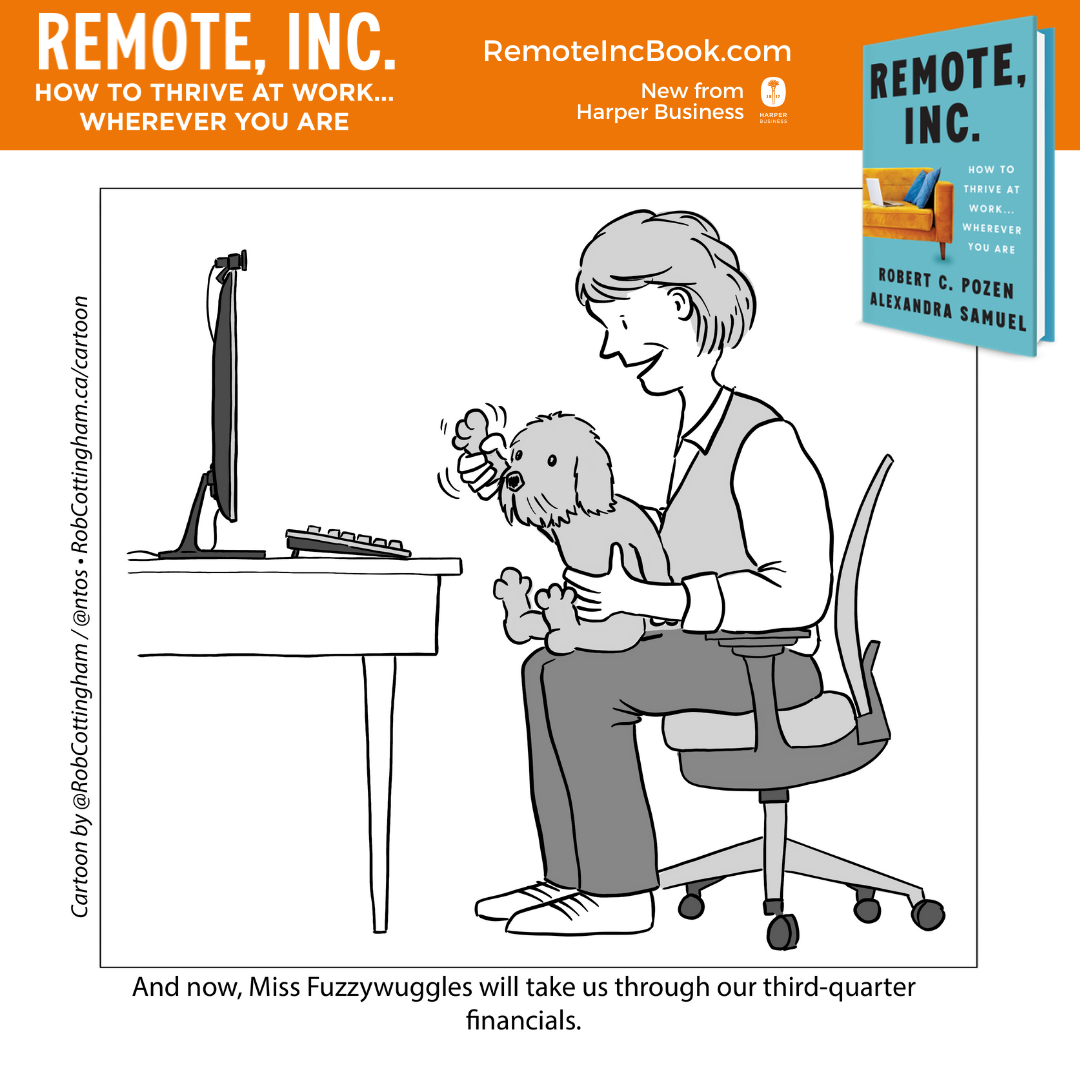 dog_inst Cartoon of person on video call holding dog in lap, saying, "And now Miss Fuzzywuggles will take us through our third-quarter financials."